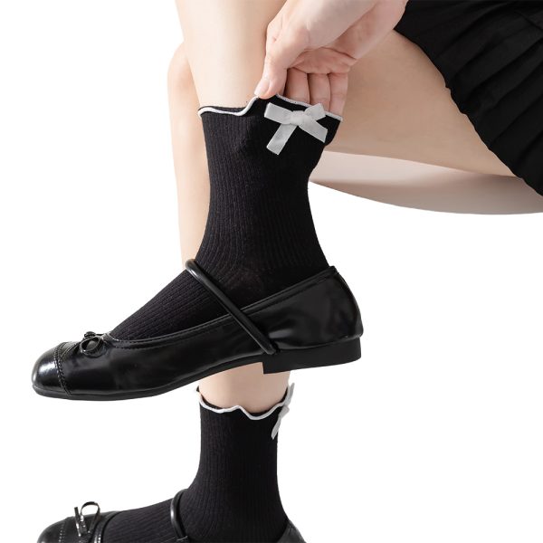 Women's Ruffle Socks with Bow, Cute Frilly Ankle, Soft Breathable Cotton, Black & White Lace Bow Ribbed Design Socks, 5 Pairs, Size 5-9, Black - Image 8