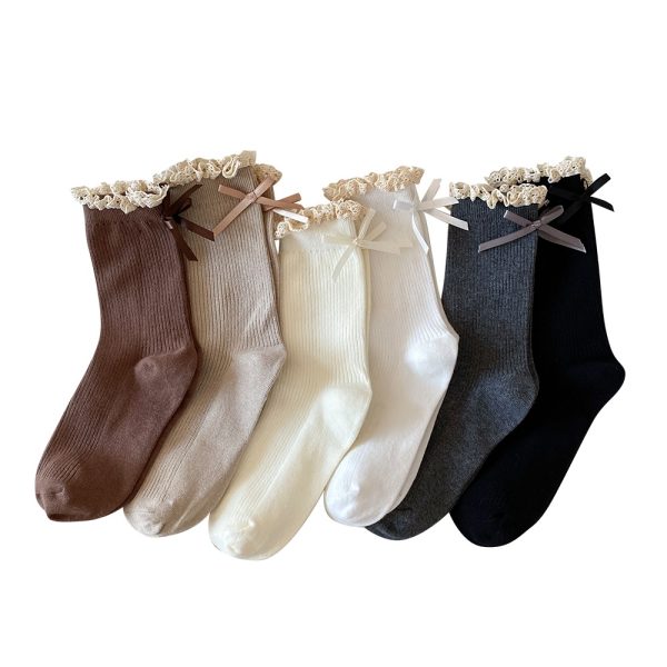 6 Pairs Womens Bow Socks Ruffle Casual Crew Socks, Cute Lettuce Edge Socks, Soft Breathable Cotton Frilly Dress Socks (Style2)