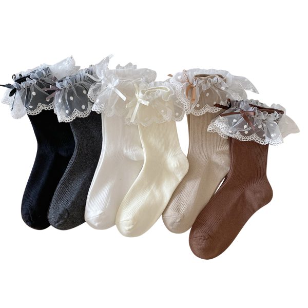 6 Pairs Womens Bow Socks Ruffle Casual Crew Socks, Cute Lettuce Edge Socks, Soft Breathable Cotton Frilly Dress Socks (Style4)